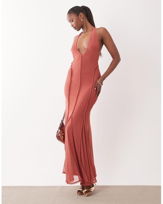 ASOS Red U-shaped Mesh Halter With Exposed Seam Detail Maxi Dress