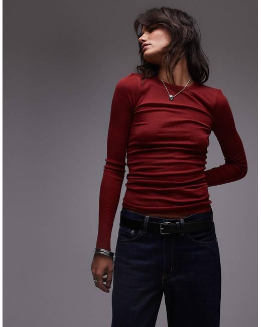 ARKET Red Merino Wool Knitted Rib Long Sleeve Top With Scoop Neck