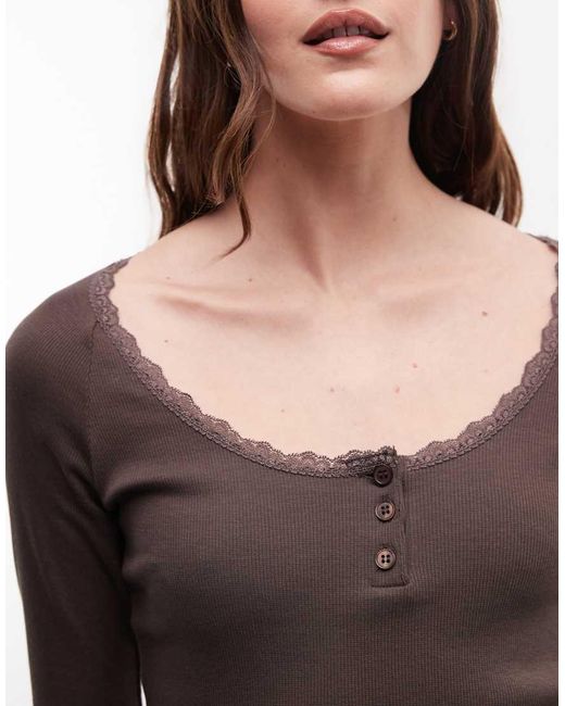 Noisy May Brown Long Sleeve Henley T-shirt With Lace Neckline