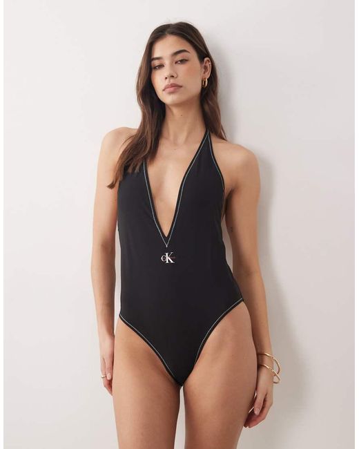 Calvin Klein Black Logo Plunge One Piece Backless Swimsuit