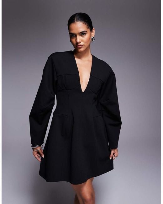 ASOS Blue Structured Dome Sleeves Plunge Mini Dress With Cup Seam Detailing
