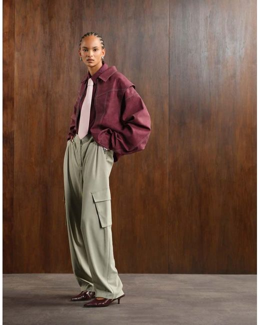 Lioness Red Exclusive Vista Leather Look Contrast Stitch Bomber Jacket
