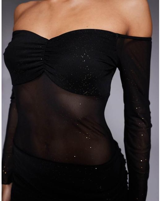 Fashionkilla Multicolor Glitter Mesh Long Sleeve Sheer Insert Ruched Detail Maxi Dress