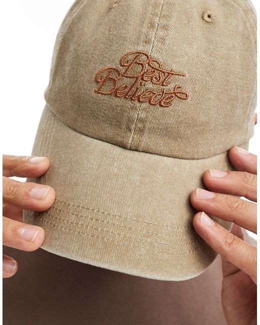 ASOS Brown Soft Baseball Cap With Embroidery for men