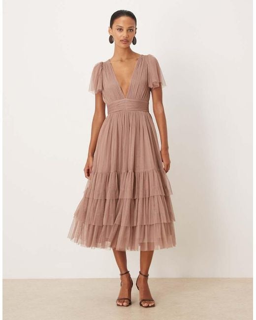 LACE & BEADS Pink Tulle Flutter Sleeve Plunge Neck Tiered Midi Dress