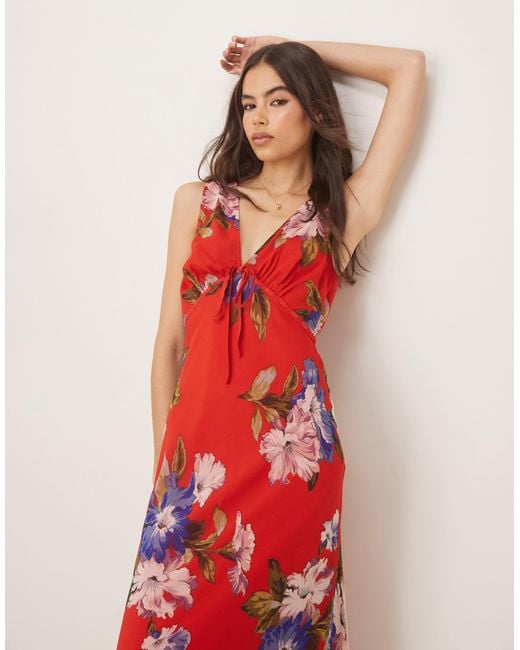 ASOS Red Asos Design Tall V Neck Slip Midi Dress With Bust Tie Detail