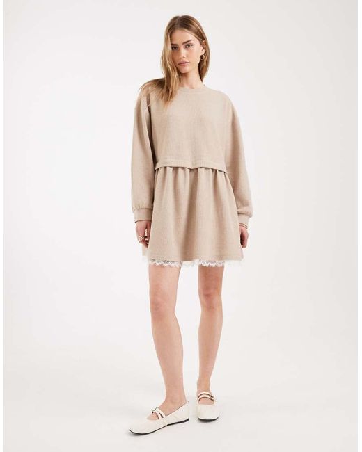 Miss Selfridge Natural Smock Dress With Lace Trim