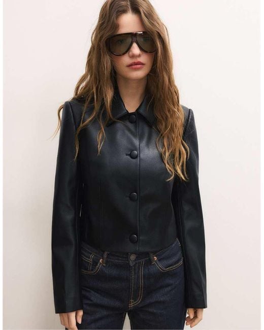 Stradivarius Blue Crop Leather Effect Blazer