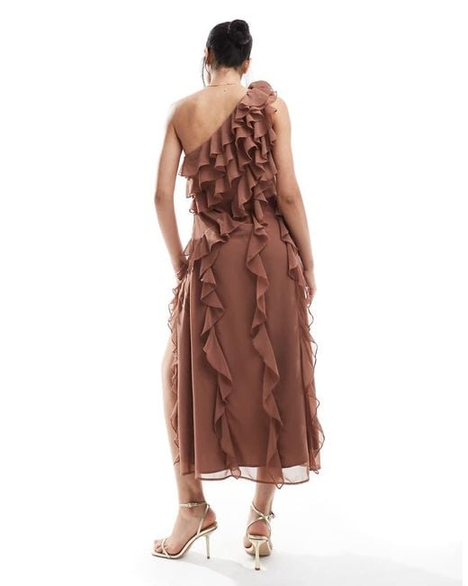 French Connection Brown Oskar Ruffle One Shoulder Midaxi Dress