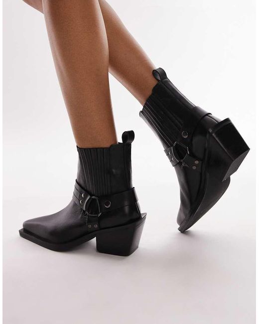 TOPSHOP Black Wide Fit Maxy Leather Western Boots With Harness