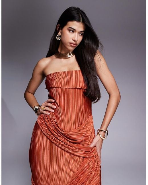 ASOS Red Premium Plisse Bandeau Maxi Dress With Draped Panels