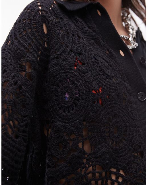 TOPSHOP Black Knitted Crochet Look Polo Shirt