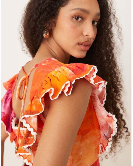 Hope & Ivy Orange Ruffle Sleeve Tie Back Cropped Top Co-Ord
