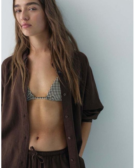 Pull&Bear Brown Linen Blend Long Sleeve Shirt