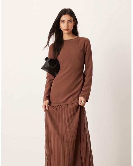 ASOS Brown Long Sleeved Pleated Skirt Maxi Dress