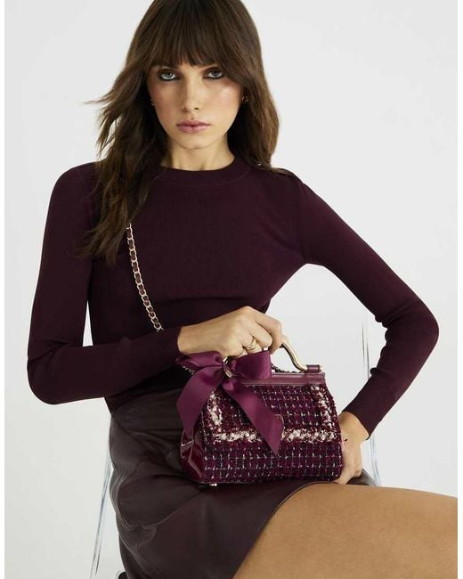 River Island Purple Boucle Bow Metal Handle Tote Bag