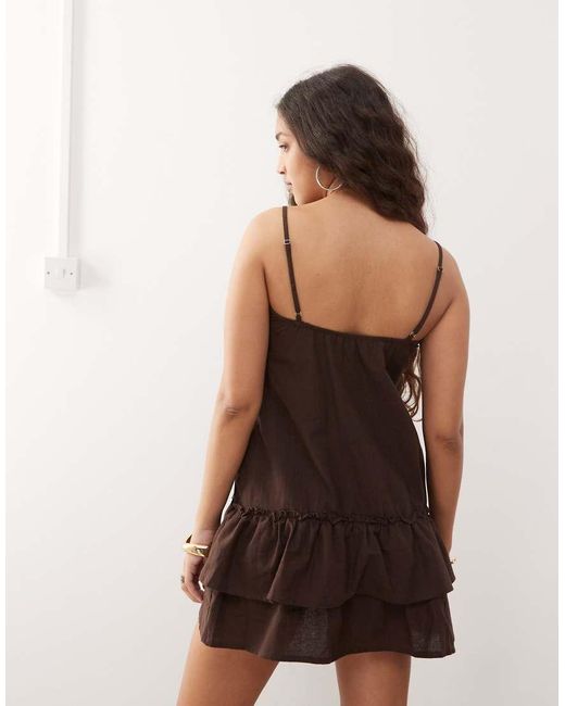 Motel Natural Mailina Button Detail Linen Mini Dress