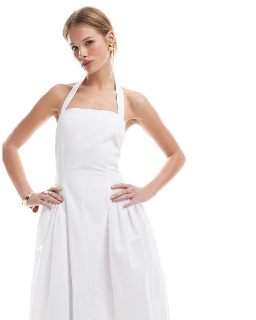 4th & Reckless White Cotton Square Halterneck Hip Pleat Detail Maxi Dress