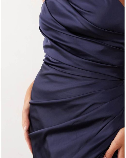 TFNC London Blue Bridesmaid Satin Halter Neck Pleat Detail Maxi Dress