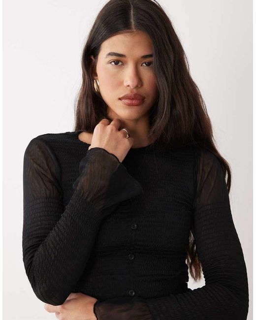 ASOS Black Mesh Shirred Button Down Long Sleeve Top