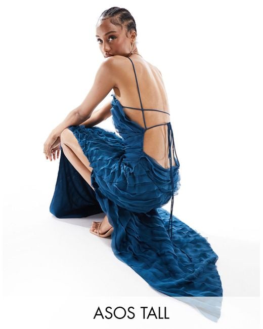 ASOS Blue Asos Design Tall Raw Edge Asymmetric Cut Out Maxi Dress