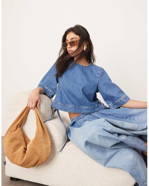 ARRANGE Blue Denim Crop Tab Detail Top Co-ord