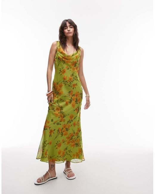TOPSHOP Green Built Up Double Layered Cowl Neck Maxi Dress