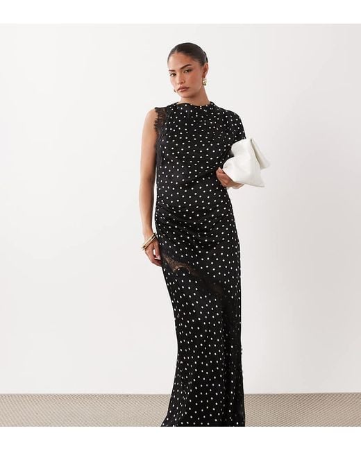 Forever New Black Forever New Satin Slash Neck Lace Detail Asymmetric Skirt Maxi Dress