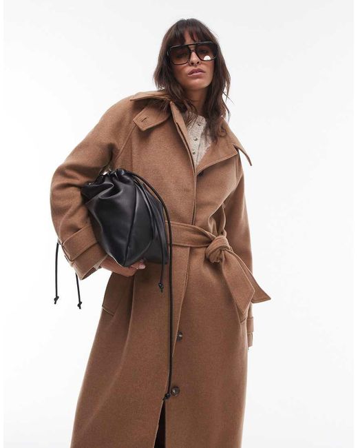 TOPSHOP Brown Tab Belted Car Coat Twill