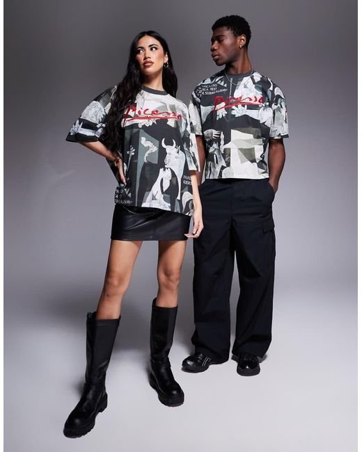 T-Shirt Squadrata Oversize Nera Con Stampe Di Picasso Su Licenza di ASOS in Gray