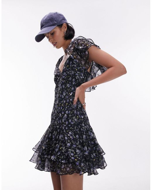 TOPSHOP Blue Flutter Sleeve Mini Tea Dress