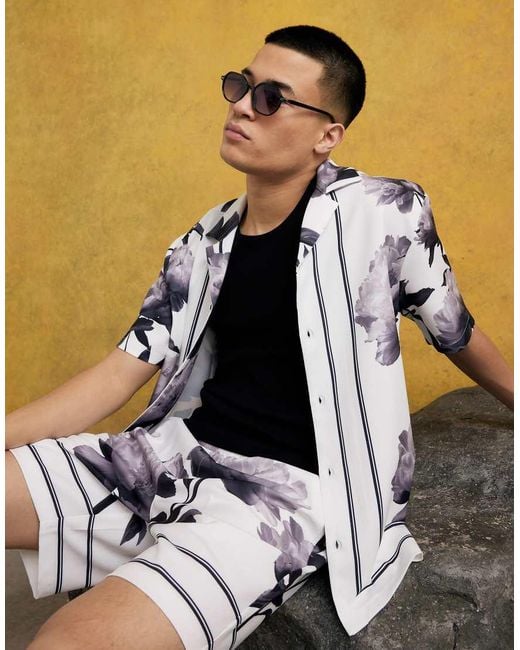River Island White Short Sleeve Monochrome Floral Shirt for men