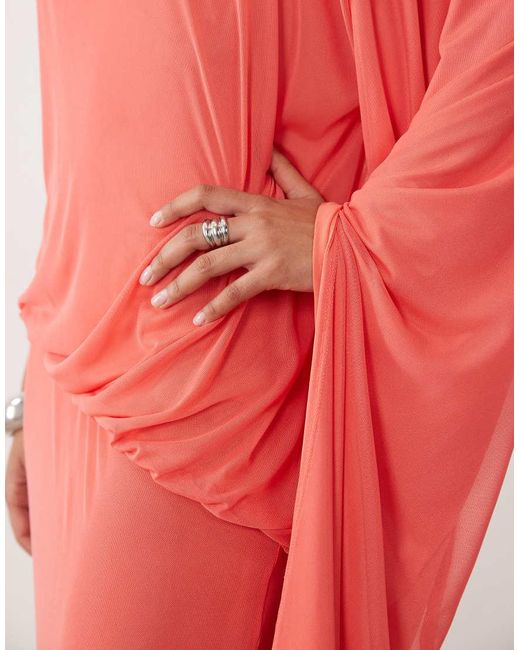 ASOS Red Asymmetric Blouson Mesh Maxi With Extreme Sleeve