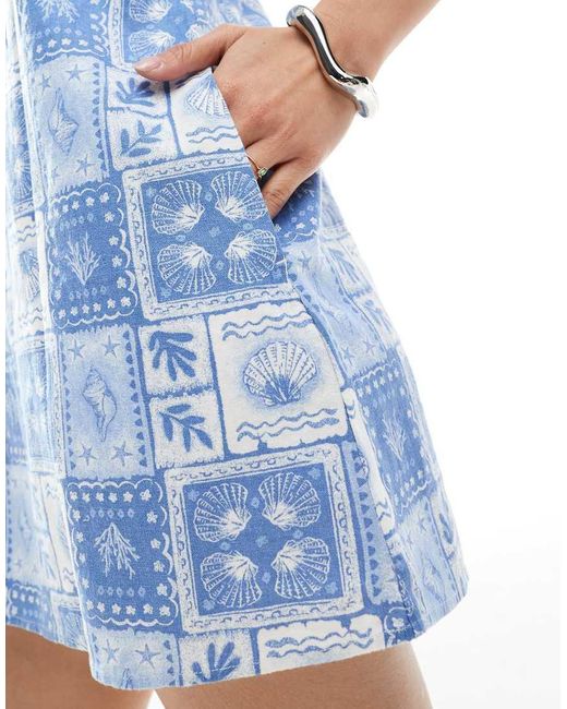 Hollister Blue Square Neck Spaghetti Strap Linen Mini Dress