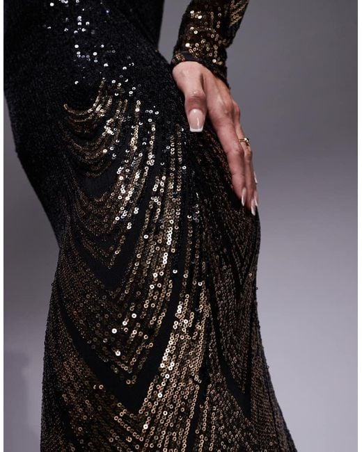 Goddiva Black Long Sleeve Aztec Sequin Maxi Dress