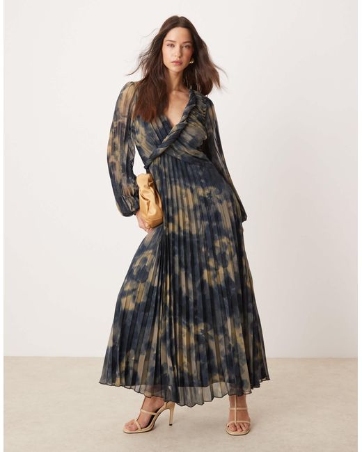 ASOS Black – plissee-midikleid mit verdrehtem detail, gewickelter vorderseite und verschwommenem blumenmuster