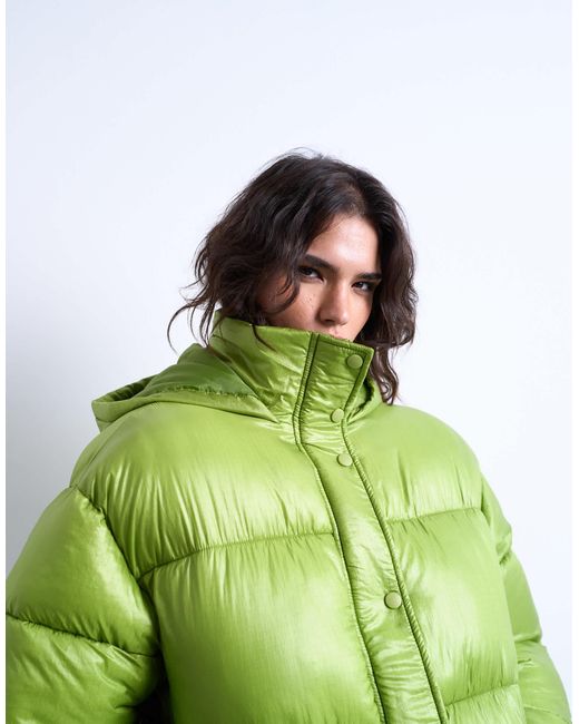 TOPSHOP Green High Shine Ripstop Funnel Neck Puffer Jacket