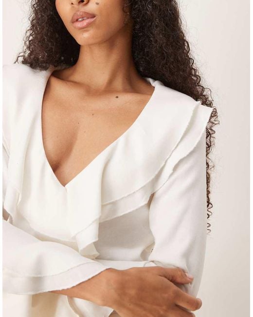 Glamorous White V-Neck Ruffle Trim Blouse