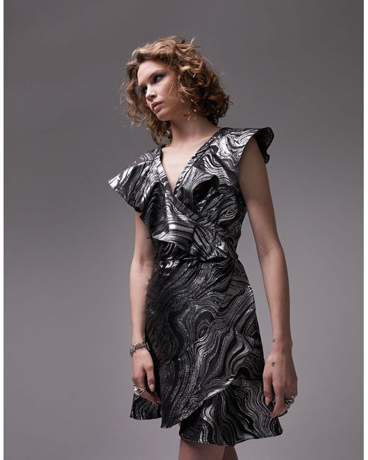 TOPSHOP Gray Marble Jacquard Mini Wrap Dress