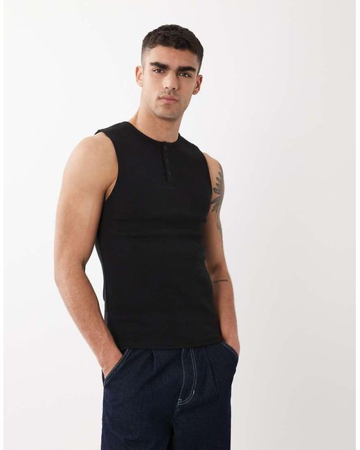 ASOS Black Muscle Fit Tank With Henley Neck for men