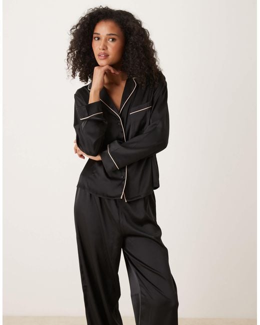 ASOS Black Satin Shirt & Trouser Pyjama Set
