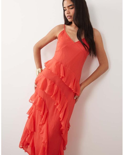 Vero Moda Red Smilla Chiffon Cami Ruffle Detail Midi Dress