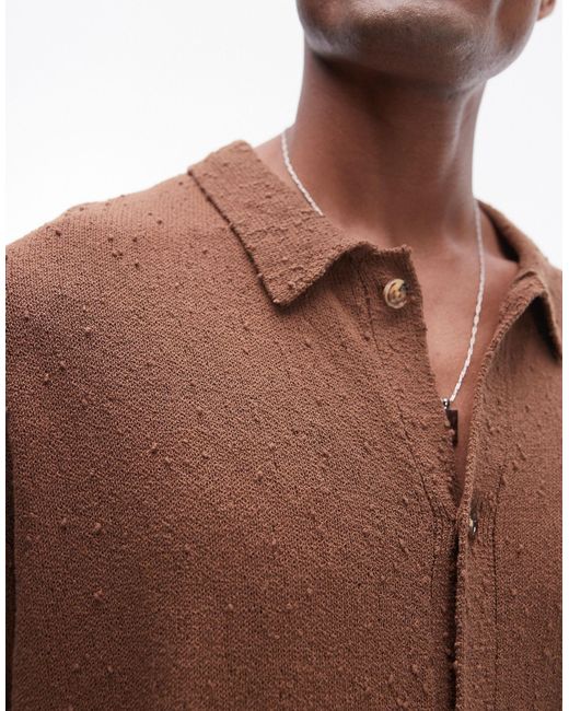Topman Brown Knitted Textured Button Through Shirt for men