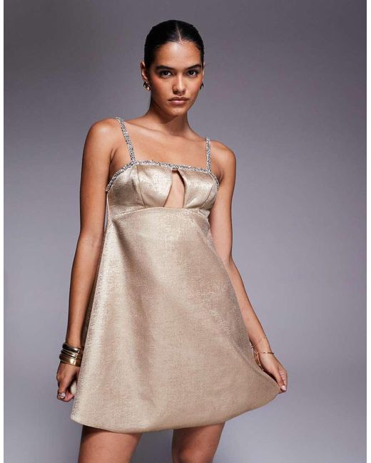 ASOS Metallic Diamante Trim Cutout Trapeze Mini Dress