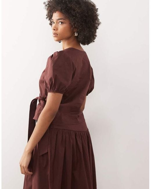 Reclaimed Vintage Red Wrap Blouse With Puff Sleeve