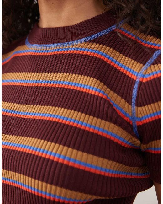 Monki Red Compact Rib Knit Short Sleeve Top