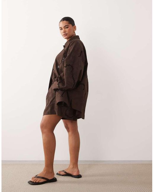 ARRANGE Brown Curve Oversized Shirt With Cutwork Embroidery