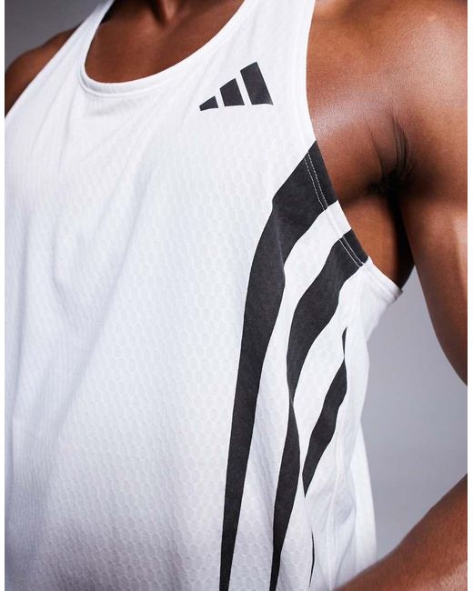 Adidas Originals White Adidas Running Adizero Singlet With 3 Stripes To Side for men