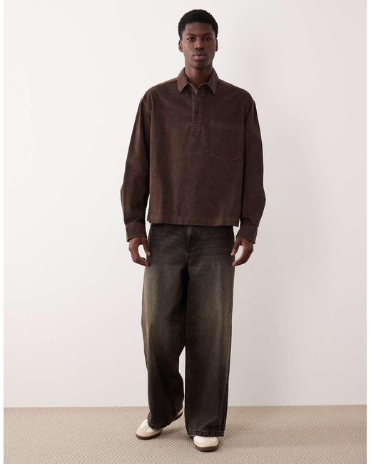 ASOS Brown Boxy Oversized Cord Rugby Shirt for men