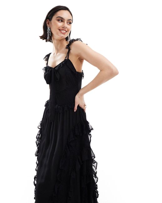Miss Selfridge Black Lace Strappy Ruffle Maxi Dress